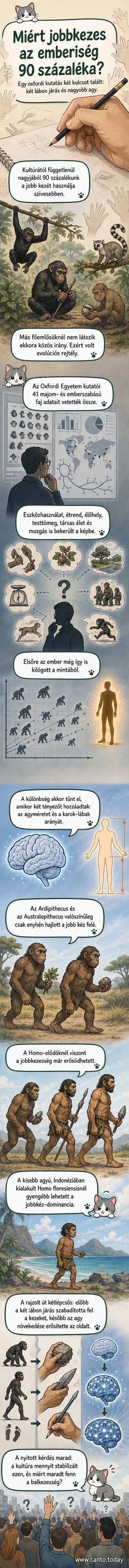 Illusztráció: két emberősi alak, az egyikük jobb kezét használva eszközt formál, a háttérben evolúciós sor látható.