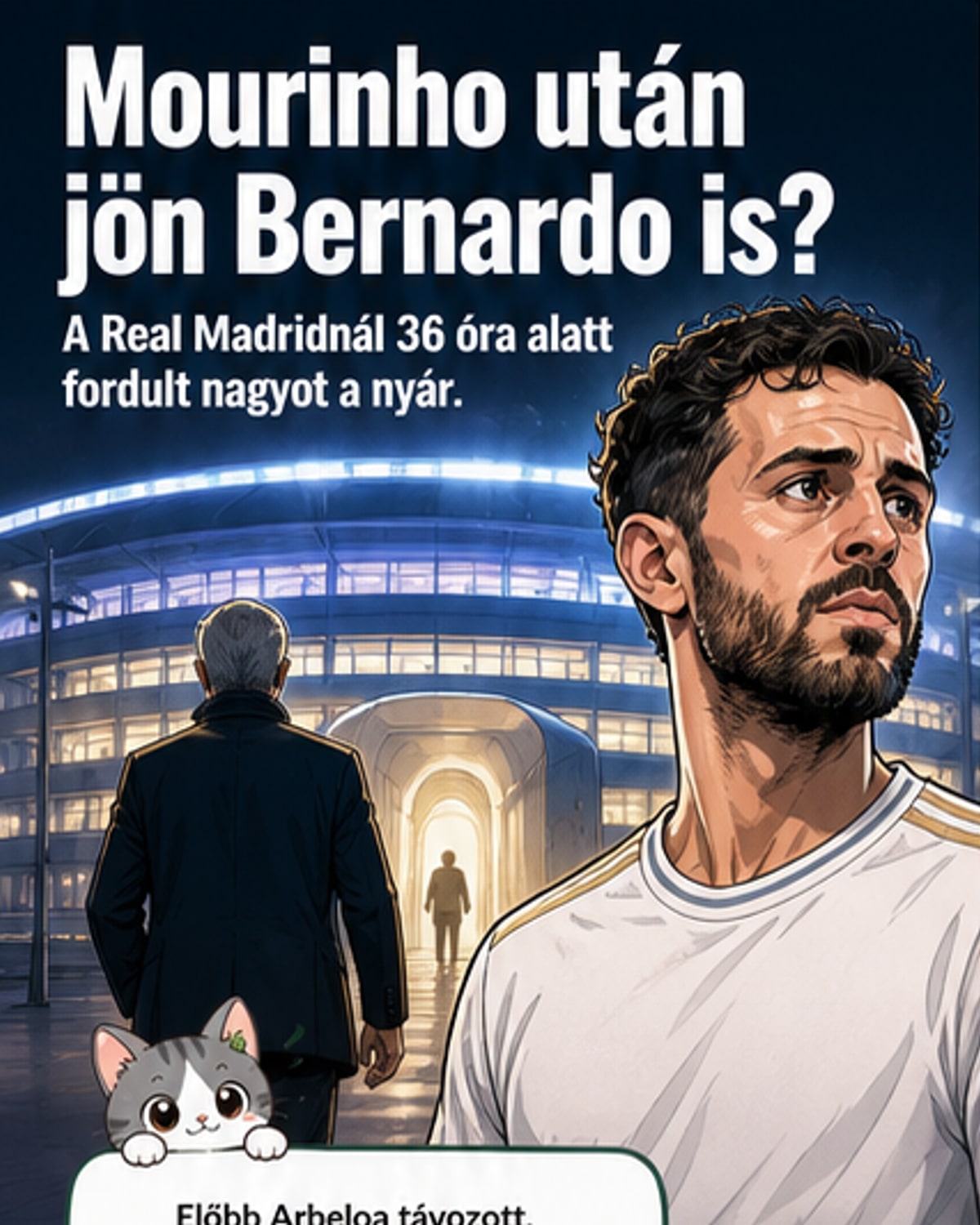 José Mourinho és Bernardo Silva együtt a Real Madrid stadionjában, a háttérben a klub színei és logója.