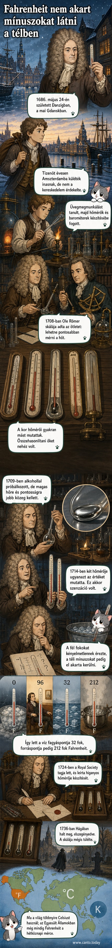 18. századi portréstílusú illusztráció Daniel Gabriel Fahrenheit-ről, mellette hőmérőkkel és skálákkal, hátterében Danzig és Amszterdam városképével.