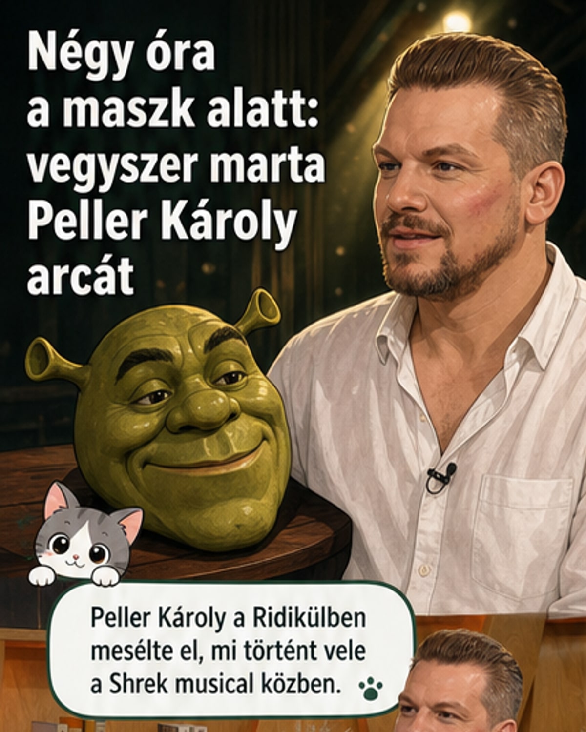 Peller Károly színész, arcán a vegyszer okozta sérülés nyomaival, a Shrek musical színpadán