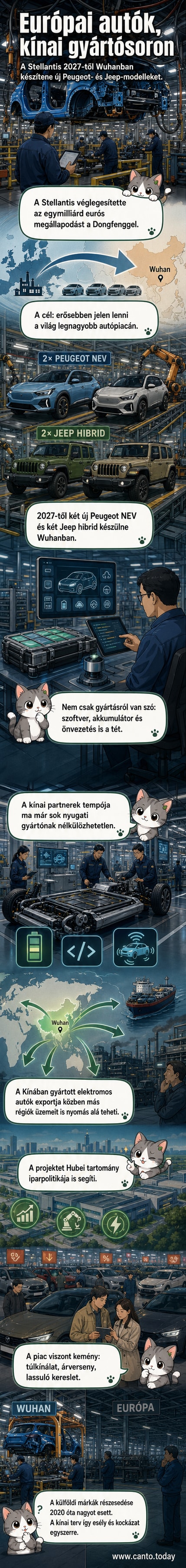 Két új autómodell – egy Peugeot és egy Jeep – mellett álló mérnökök egy kínai gyártóüzemben, a háttérben a Stellantis és a Dongfeng logóival