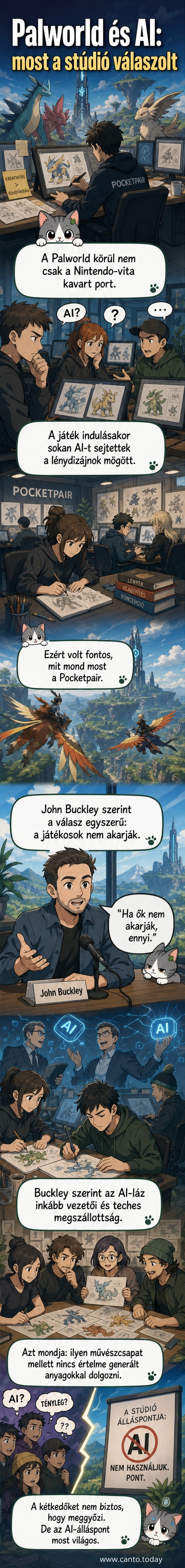 A Palworld címet viselő játék karaktereinek rajzai mellett John Buckley, a Pocketpair kommunikációs vezetője áll, hátterében kérdőjelek és AI ikonok, amelyeket kereszttel jelölnek.