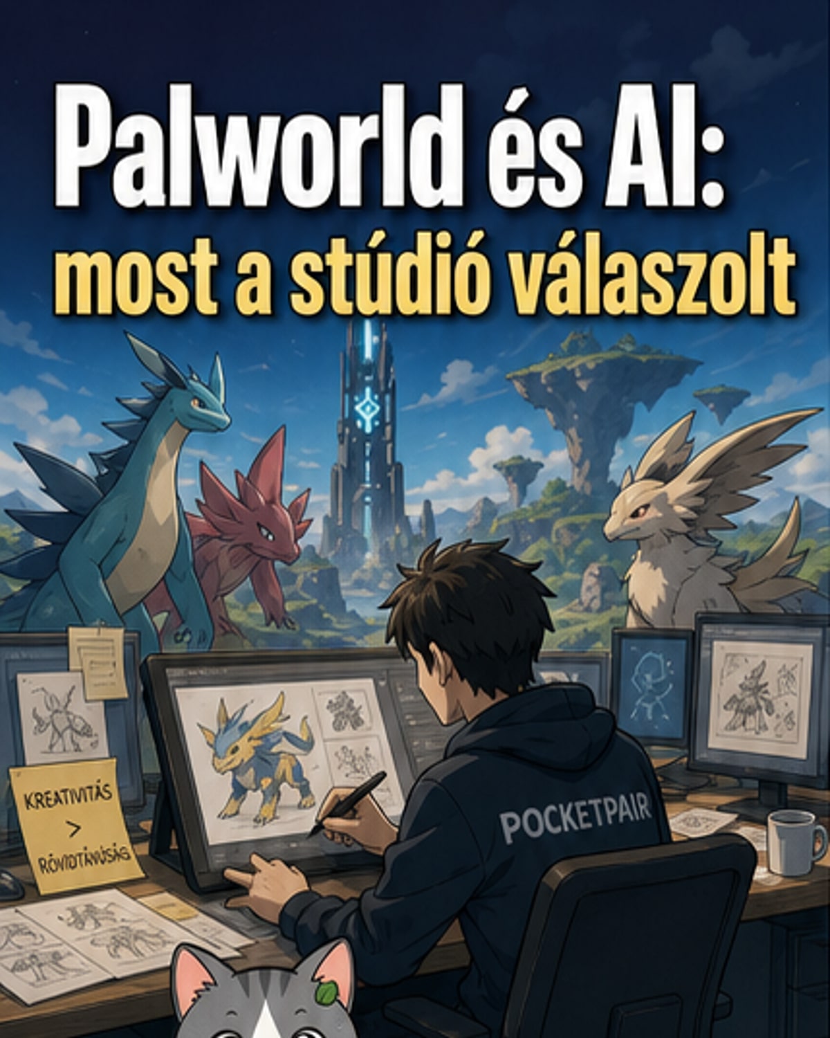 A Palworld címet viselő játék karaktereinek rajzai mellett John Buckley, a Pocketpair kommunikációs vezetője áll, hátterében kérdőjelek és AI ikonok, amelyeket kereszttel jelölnek.