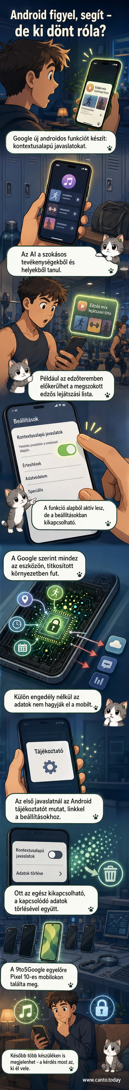 Android telefon ikonjai között mesterséges intelligencia algoritmusok elemzik a felhasználó helyét és szokásait, hogy személyre szabott javaslatokat adjanak, például edzéshez illő zenét javasolva az edzőteremben.