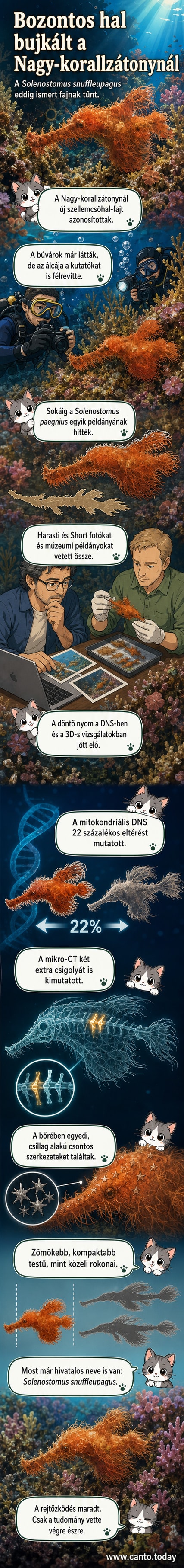 Illusztráció: élénk narancsvörös, szőrös szellemcsőhal úszik a korall között, testéről hosszú, szálas struktúrák állnak ki.