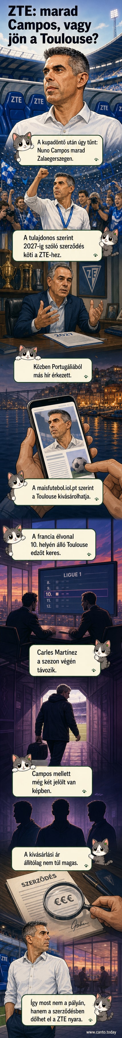 Fotó: Nuno Campos, a ZTE vezetőedzője, mezben a pályán, a háttérben szurkolók.