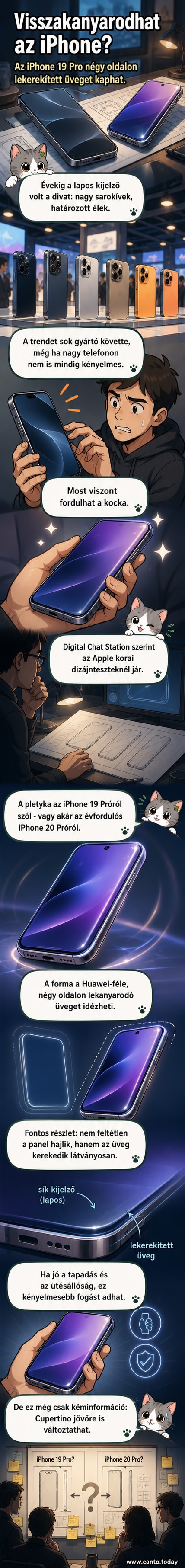 Képzeletbeli iPhone-modell, amelynek kijelzője mind a négy oldalon lekanyarodik, hasonlóan a Huawei Magic8 Pro-hoz