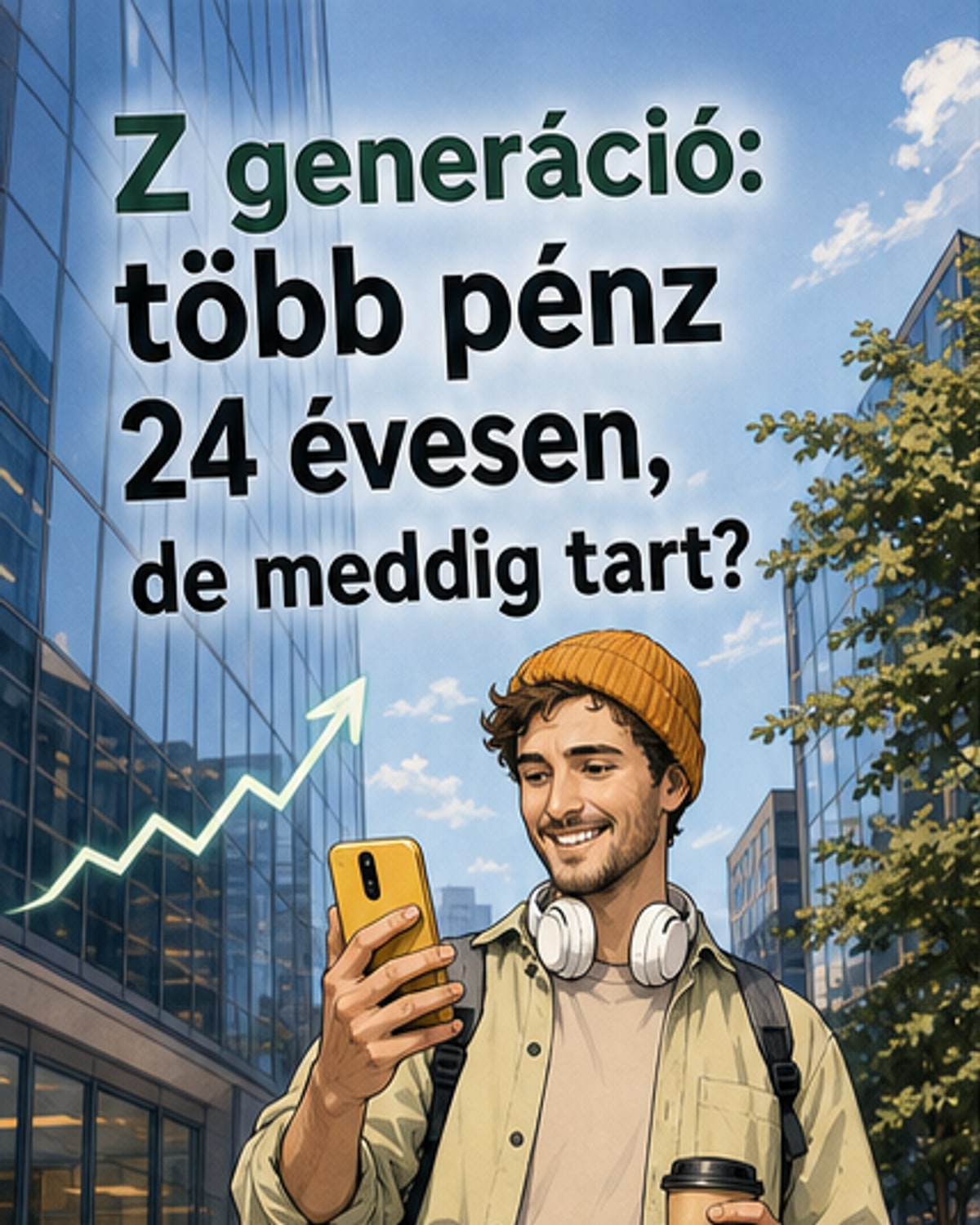 Két fiatal ember áll egy irodában, az egyik laptopon dolgozik, a másik telefonját nézi. Háttérben pénzjelképek és növekvő grafikon látható.