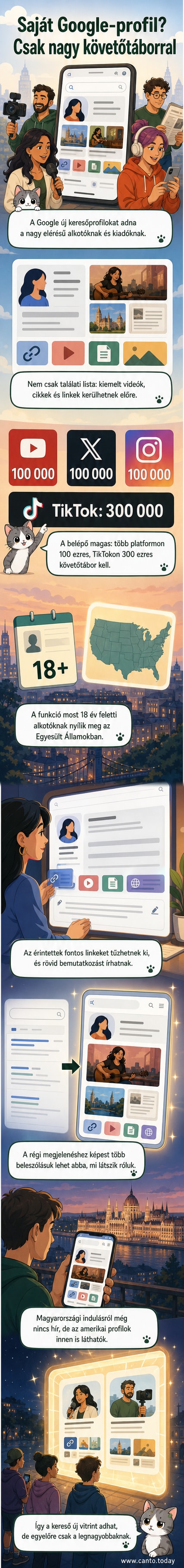 Illusztráció: egy laptop képernyőjén Google-keresési eredmények, középen kiemelt, kerek profilképű tartalomgyártó profiloldala, alatta népszerűségi metrikák és linkek.