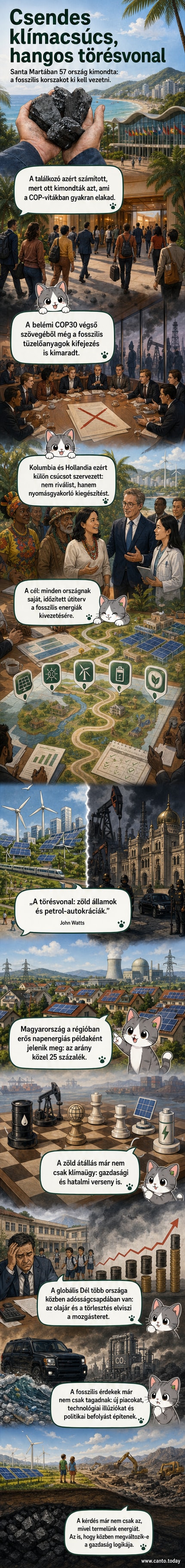 Kép: világító zöld vonalak hálózata a Föld körül, amely a fosszilis energia leépítésére törekvő országok együttműködését szimbolizálja, középen Santa Marta térképével.