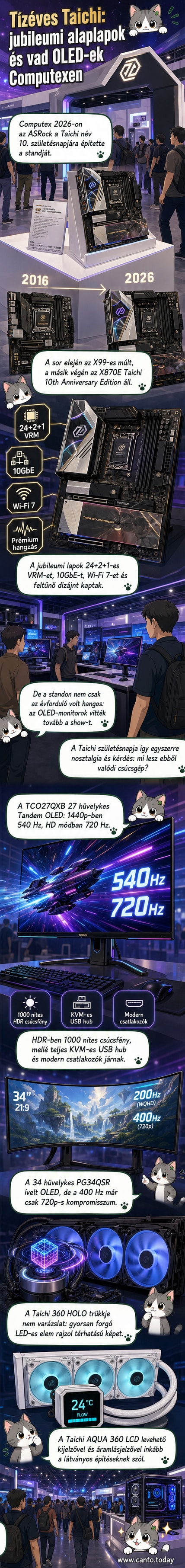 ASRock Taichi 10. évfordulós alaplap és holografikus hűtővel felszerelt PC-torony a Computex 2026 kiállításon