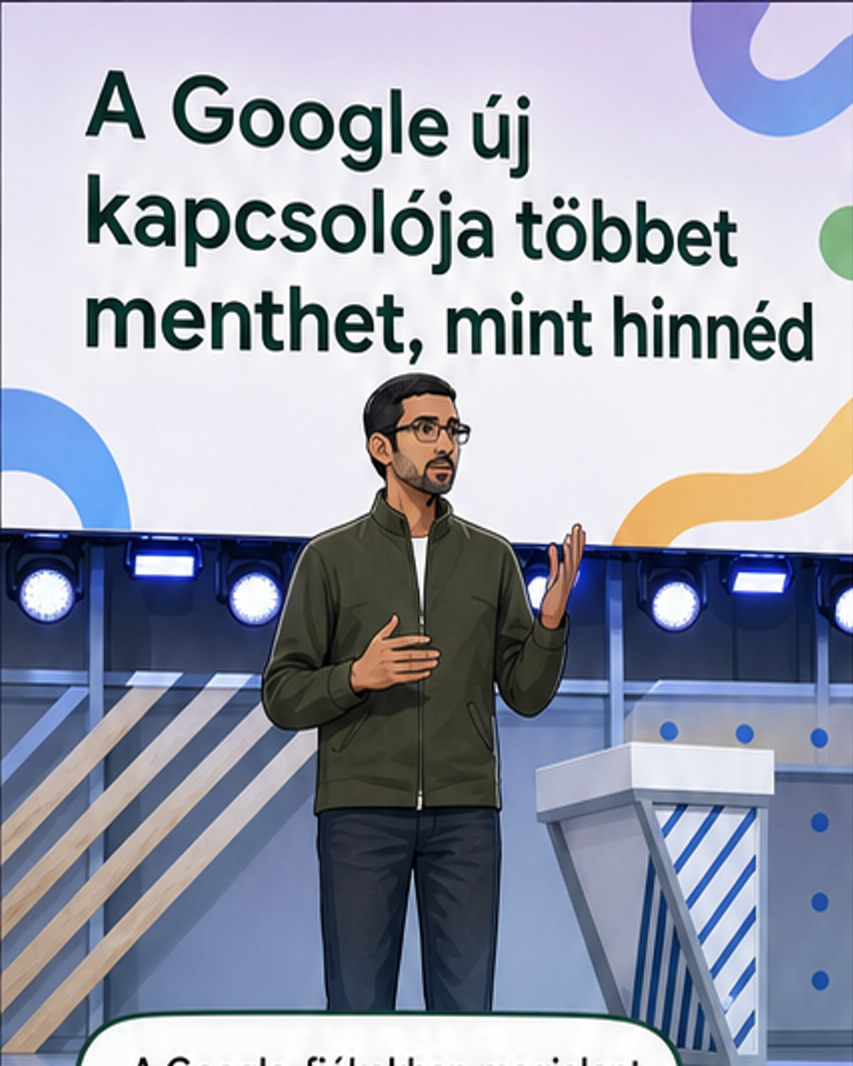 Stílusos illusztráció: egy telefonról feltöltött kép és hanghullám Google ikon felé halad, háttérben zárójeles adatfolyam-linkekkel, alul egy nagy kapcsoló, ami pirosra váltott.