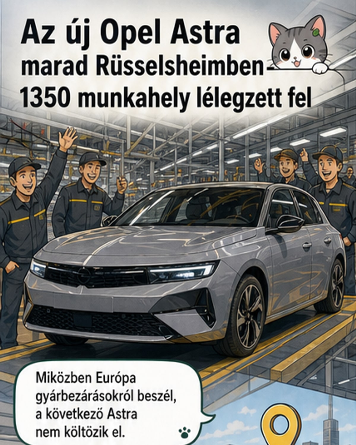 Új Opel Astra modell grafikus ábrázolása, mellette a Rüsselsheim-i gyár és az STLA One platform rajza