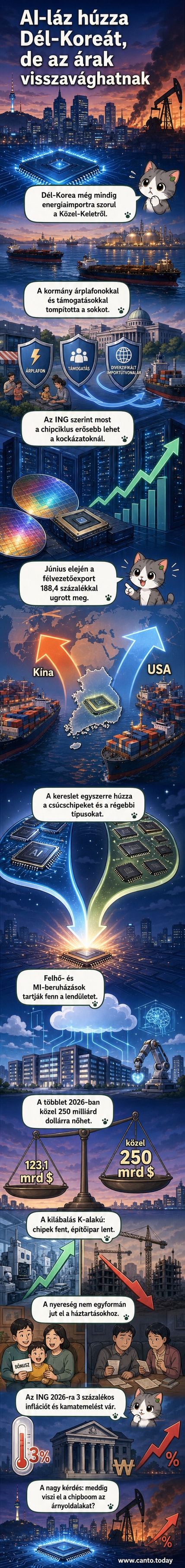 Digitális áramkörök és AI-szimbólumok között ragyogó dél-koreai félvezetőgyártás illusztrációja
