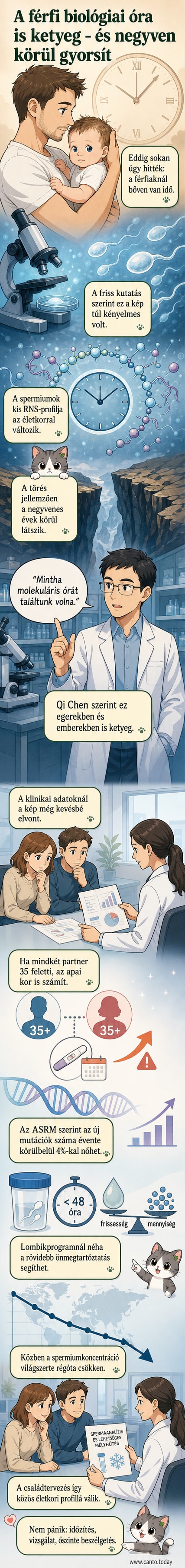 Egy férfi és egy nő egymás mellett áll, mögöttük két óra: a nőé lassan jár, a férfié pedig hirtelen gyorsulva mutatja az idő múlását, különösen a negyvenes évek környékén.