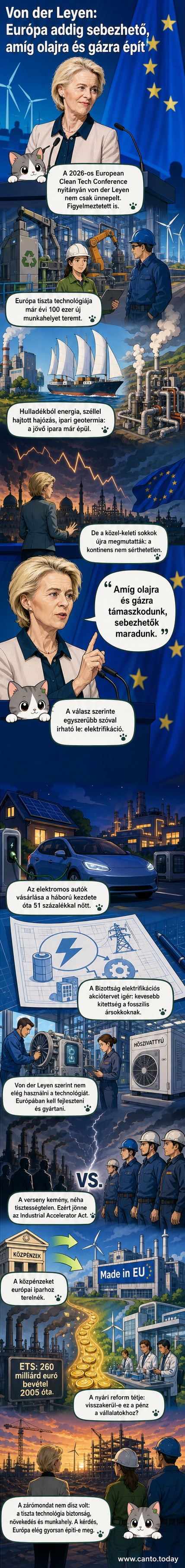 Ursula von der Leyen beszédet mond a European Clean Tech Conference-on, mögötte tiszta energiás ikonokkal és Európa térképével.
