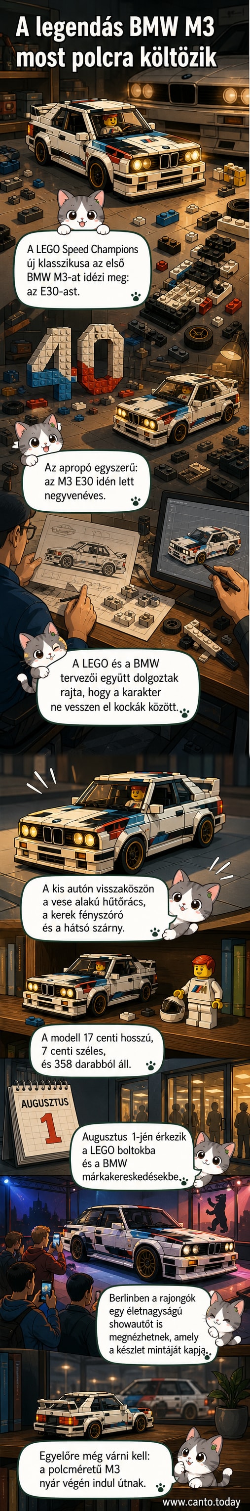 Egy részletekig kidolgozott, LEGO építőkockákból álló BMW M3 E30-as modell, mellette a BMW logóval díszített doboz.