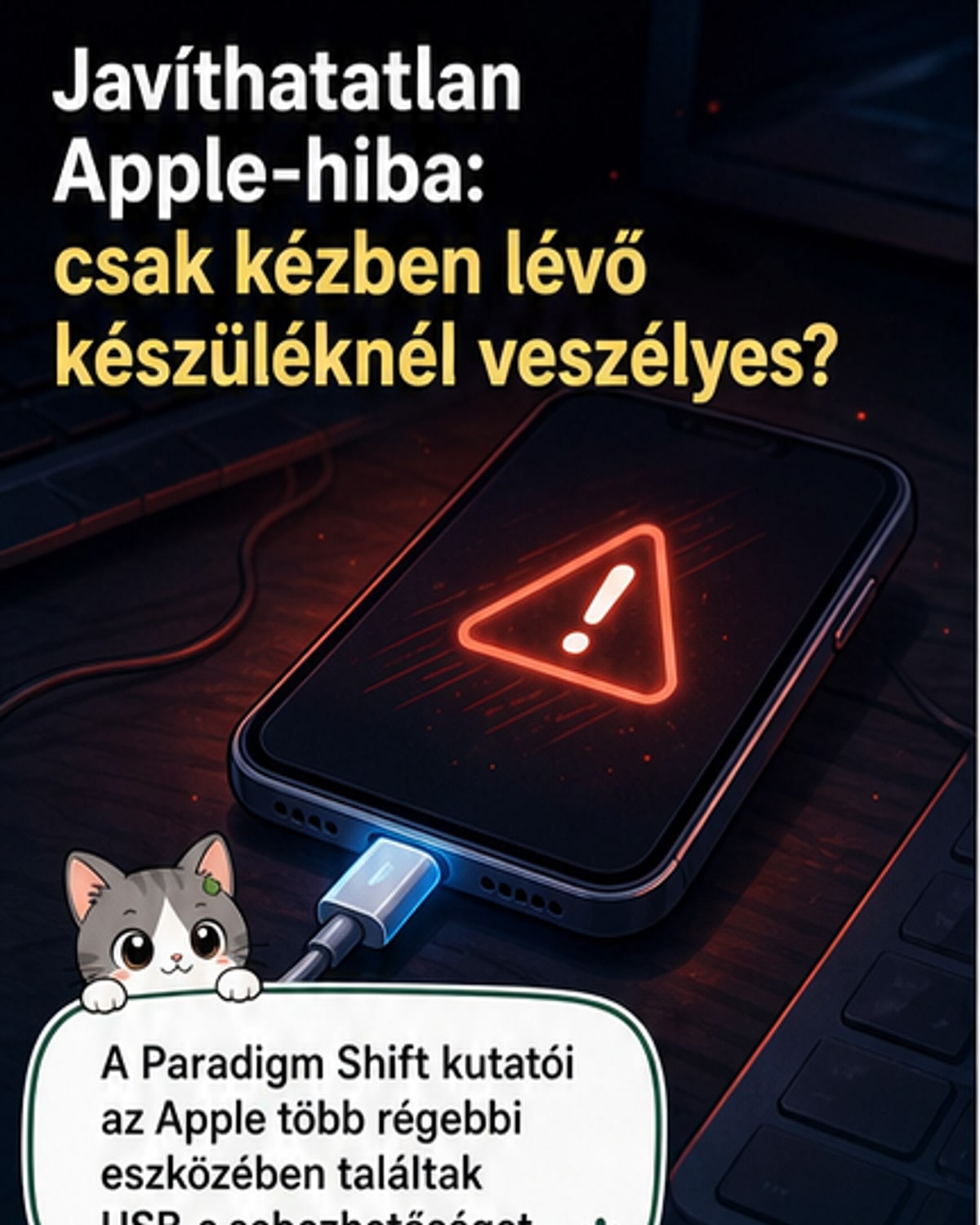 Stílusos rajz: törött USB csatlakozó mellett figyelmeztető ikon, hátterében régi iPhone és iPad ikonjai