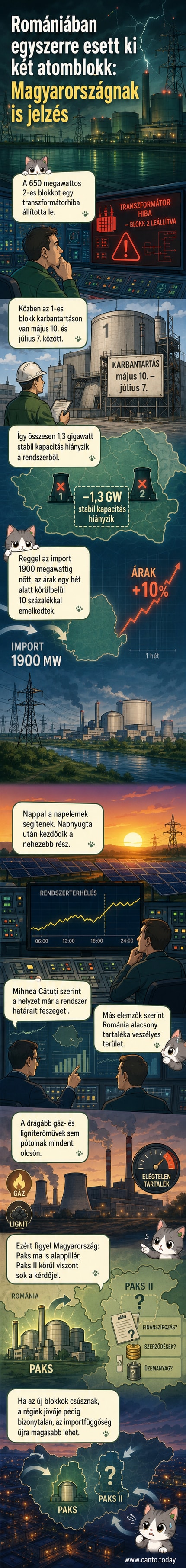 Románia atomerőművének blokkját ábrázoló illusztráció, amelyen piros figyelmeztető ikon jelez meghibásodást, a háttérben Magyarország térképével.