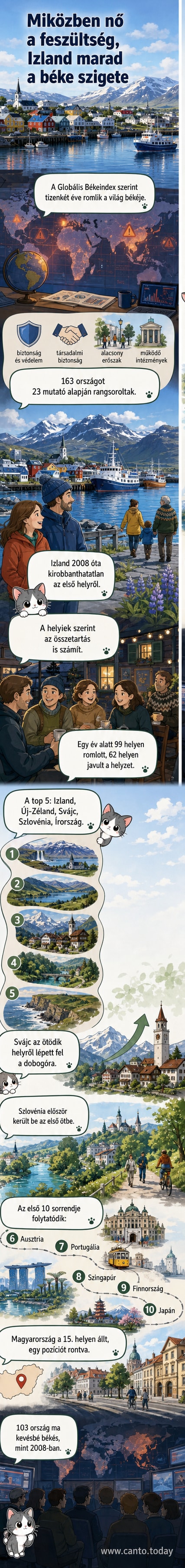 Világtérkép, amelyen kiemelve látható az első öt legbékésebb ország: Izland, Új-Zéland, Svájc, Szlovénia és Írország, alacsony erőszak és magas biztonságérzet jellemzi őket.