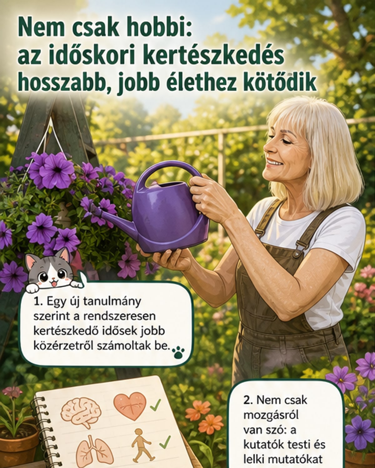 Idős férfi kertjében dolgozik, kezében gereblyével, háttérben zöld növényekkel és virágokkal.