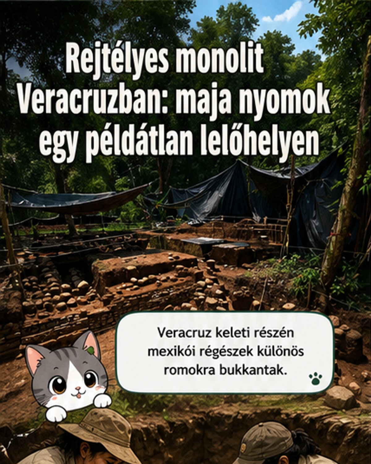 Régészek által feltárt, maja motívumokkal díszített monolit kőoszlop egy kör alakú kőplatform mellett, Mexikó Veracruz államában.