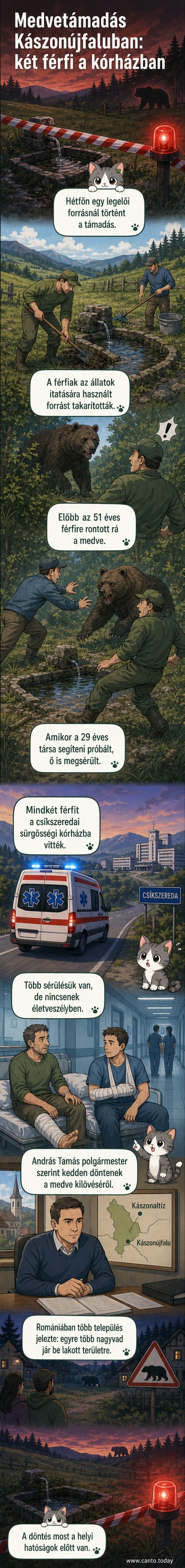 Két férfi a földön fekszik, egy medve közeledik feléjük egy zöldellő erdőben, a háttérben hegyek láthatók.