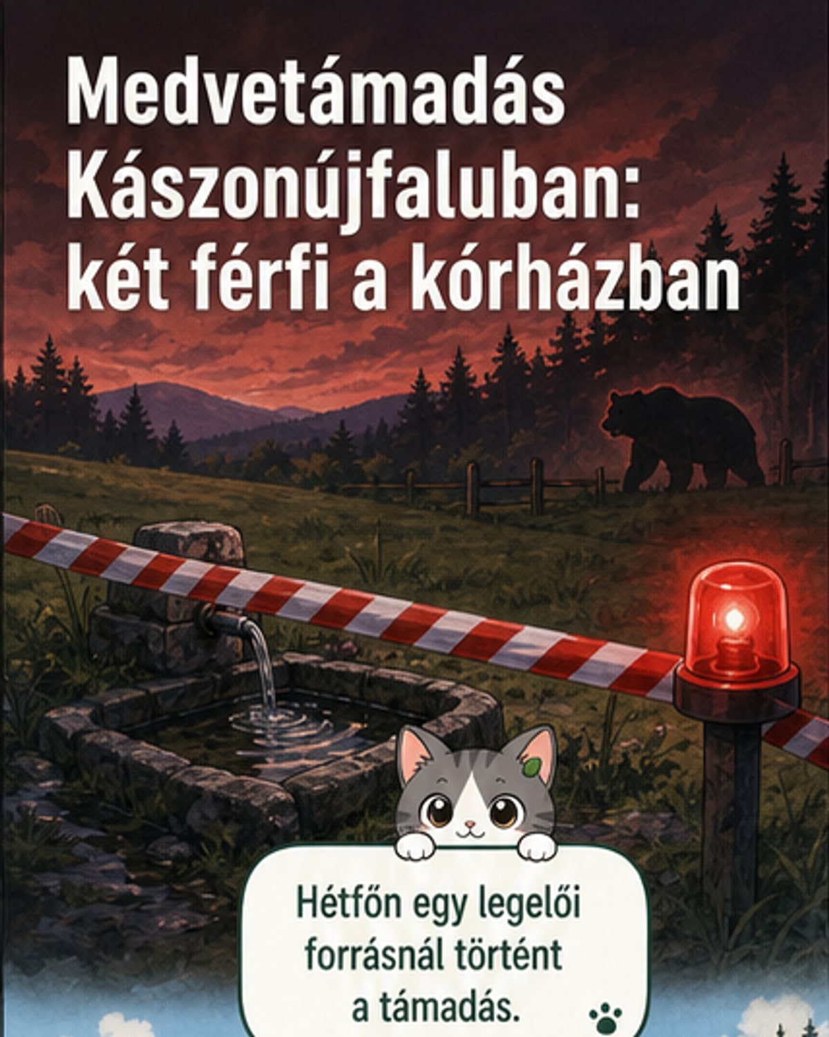 Két férfi a földön fekszik, egy medve közeledik feléjük egy zöldellő erdőben, a háttérben hegyek láthatók.