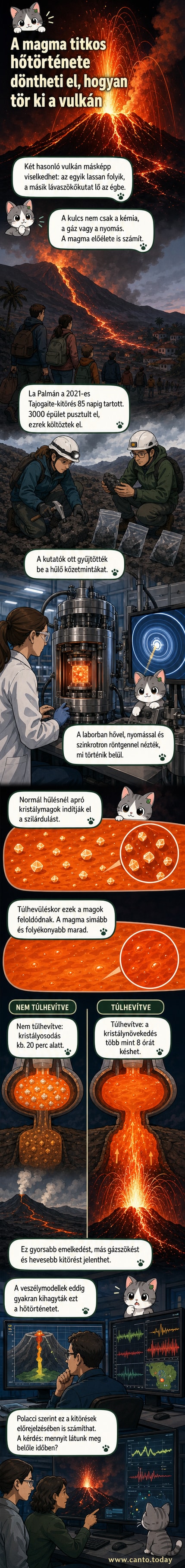 Animált ábrázolás: magma emelkedik a földkéregben, miközben belső hőmérséklete változik, és kristályok alakulnak ki vagy oldódnak fel a túlhevülés hatására.