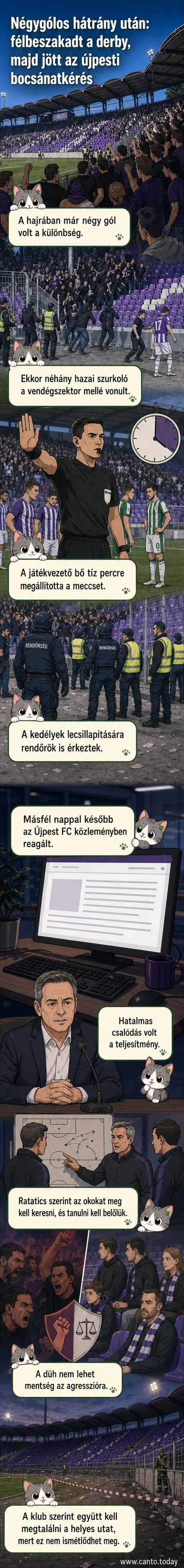 Üres labdarúgóstadion, a lelátón szétszórt szurkolói zászlók, a pályán a játékvezető a kezét emeli, jelezve a mérkőzés félbeszakítását.