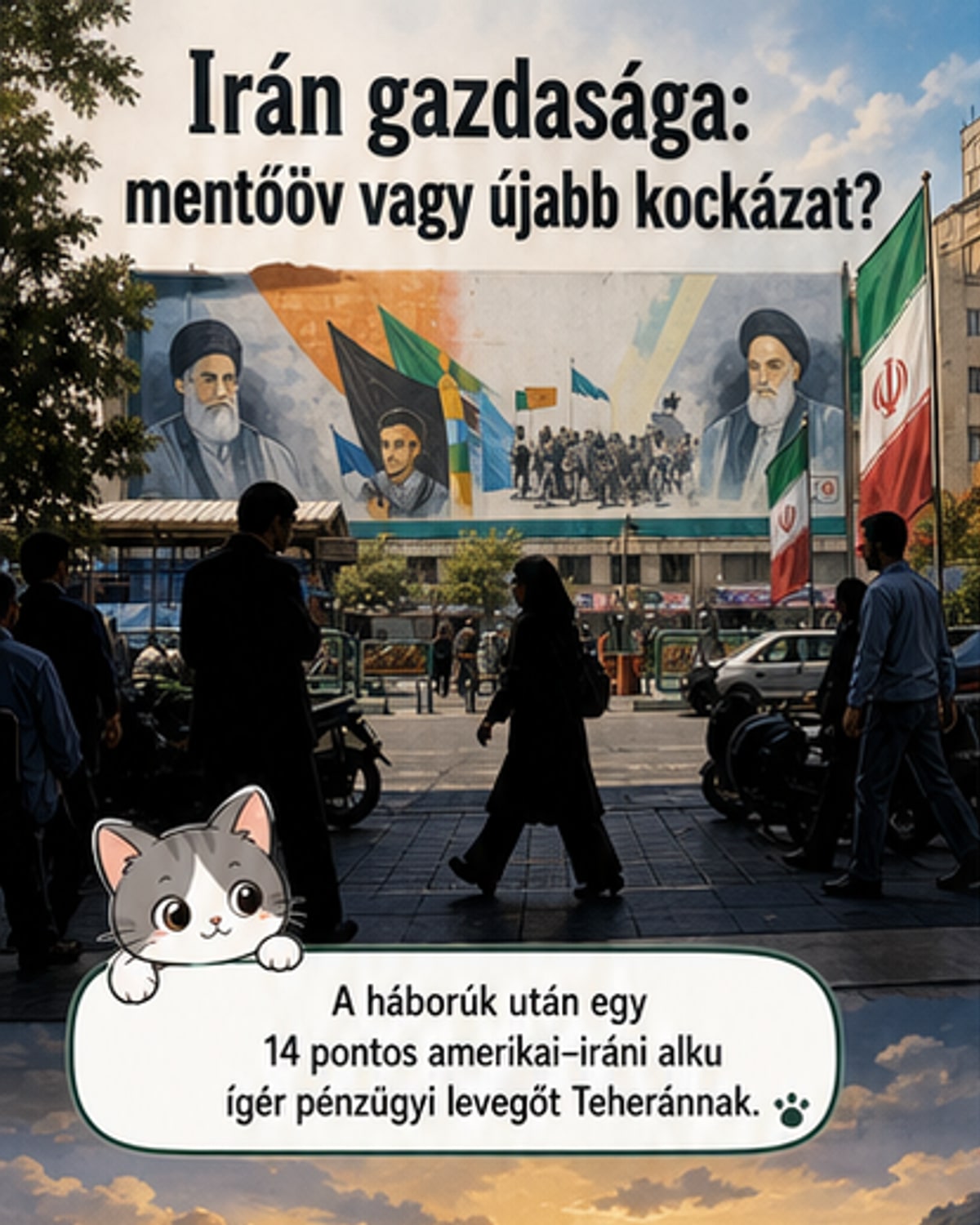 Teherán utcáin olajszállító tartályhajók és a Hormuzi-szoros képei mellett Irán gazdasági újjáépítésének lehetőségei láthatók.