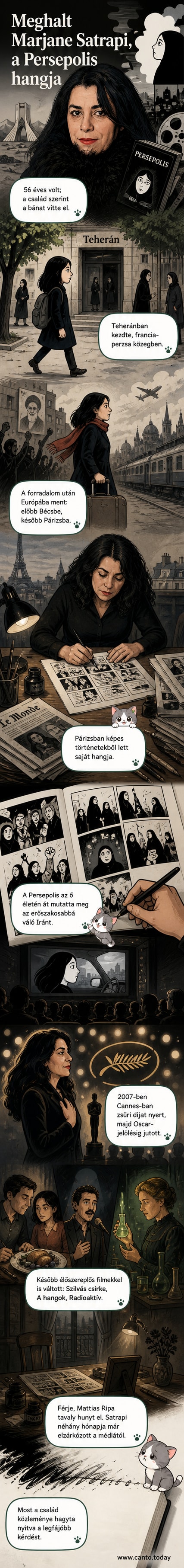 Marjane Satrapi portréja, a Persepolis című animációs film alkotójának arcképe, háttérben iráni motívumokkal és filmkockákkal.