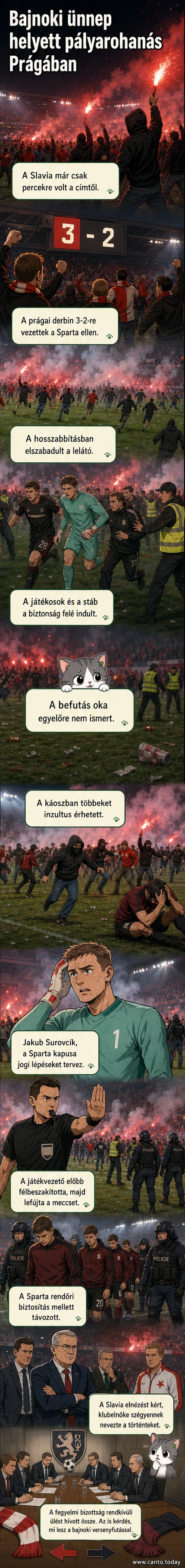 Üres stadion, a pályán fáklyák és szétszórt tárgyak, rendőrök a futópályán, a háttérben dühös szurkolók
