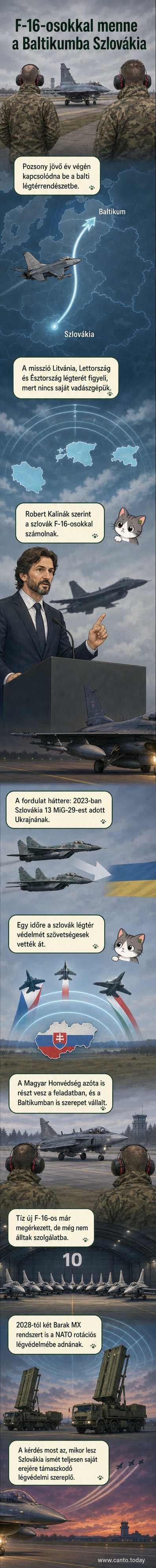 Szlovák F-16-os vadászgép repül egy balti légteri ellenőrzési feladat során, alatta térkép mutatja a NATO keleti védelmi vonalát.