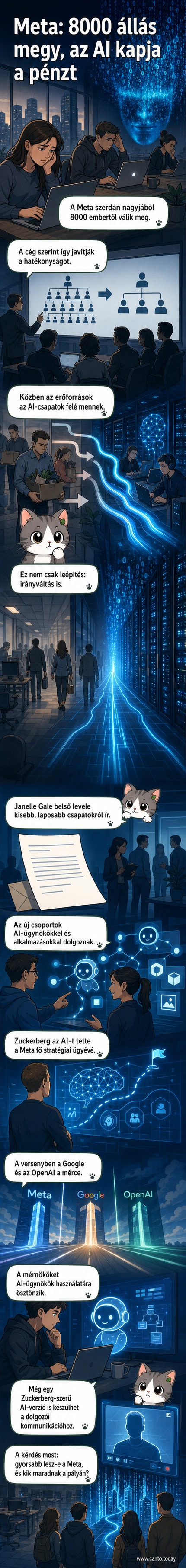 Illusztráció: egy ember áll egy elágazásnál, az egyik út felirata 'AI', a másiké 'elbocsátás', a háttérben Meta logó.