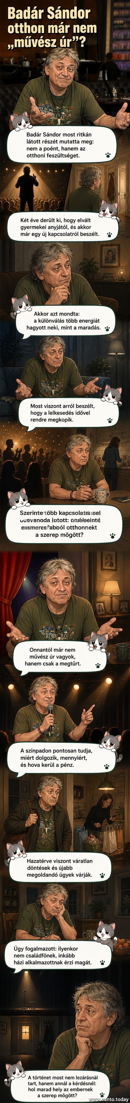 Badár Sándor színpadi pózban, mögötte elmosódott otthoni jelenet: kanapén ülő partner, közönyös arccal.