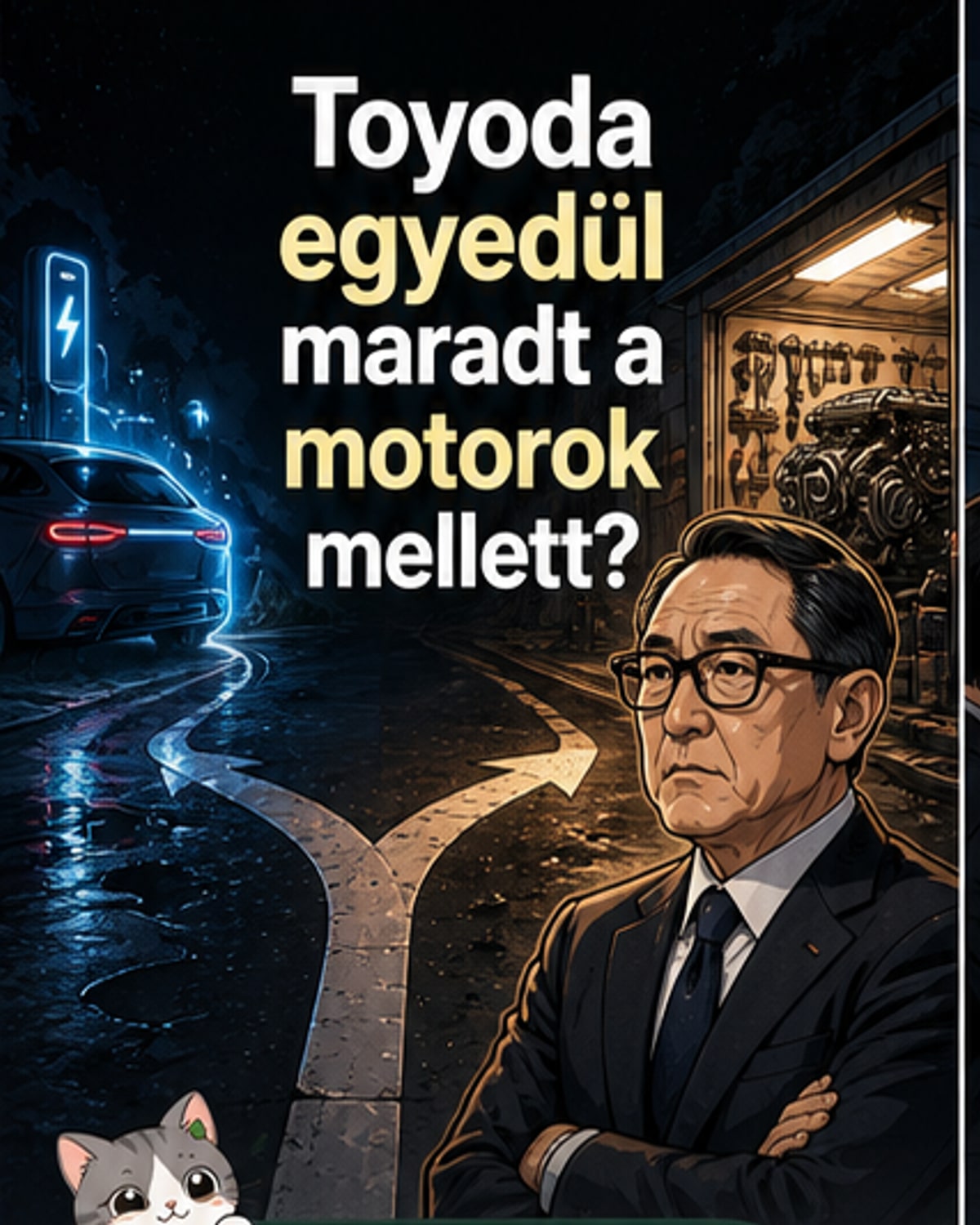 Illusztráció: Toyota elnöke, Akio Toyoda, egy hibrid autó mellett áll, a háttérben elektromos és hagyományos motorok szimbólumai.