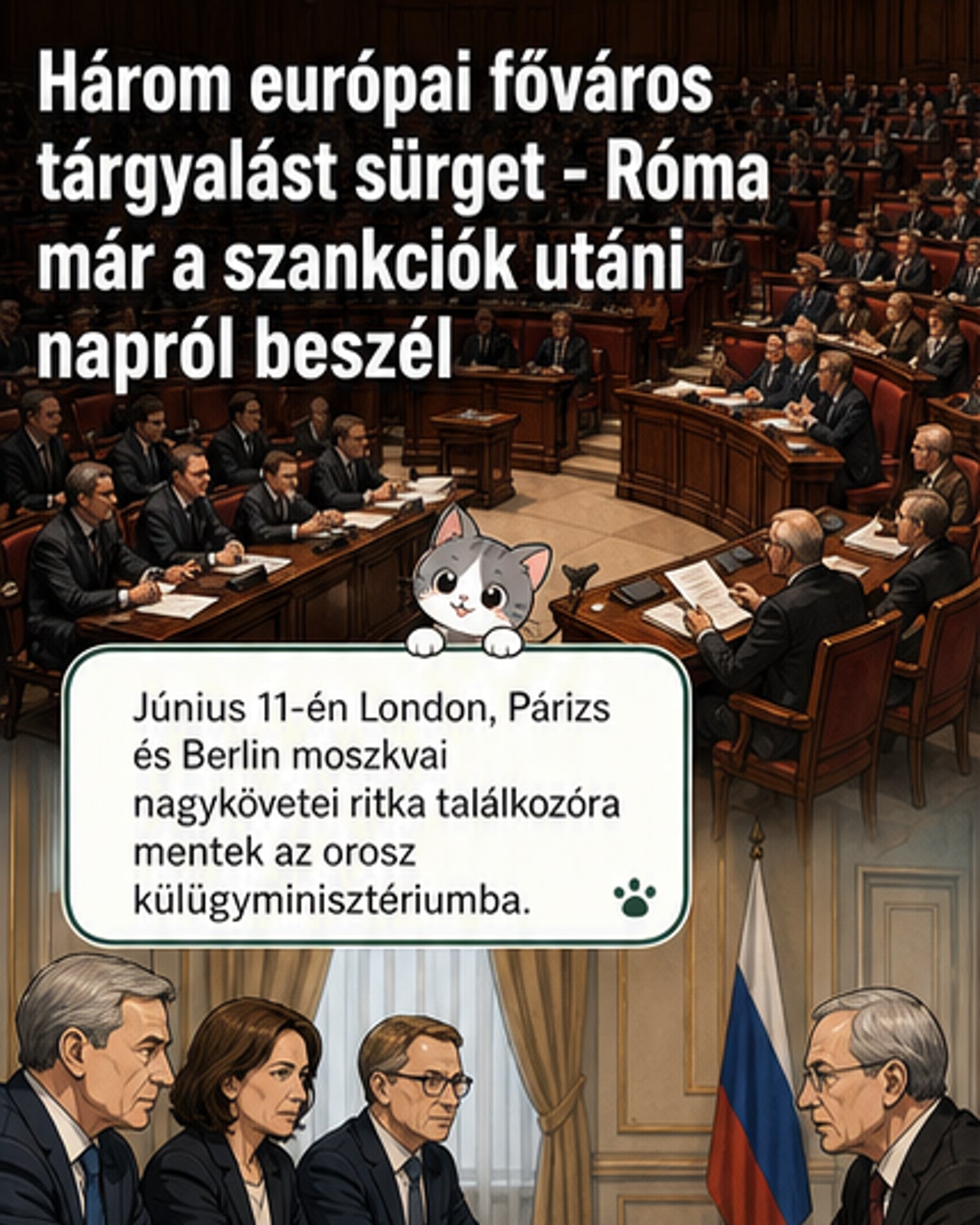 Olasz parlamenti szavazás szimbolikus ábrázolása, mellette Európa térképe és szankcióikonok
