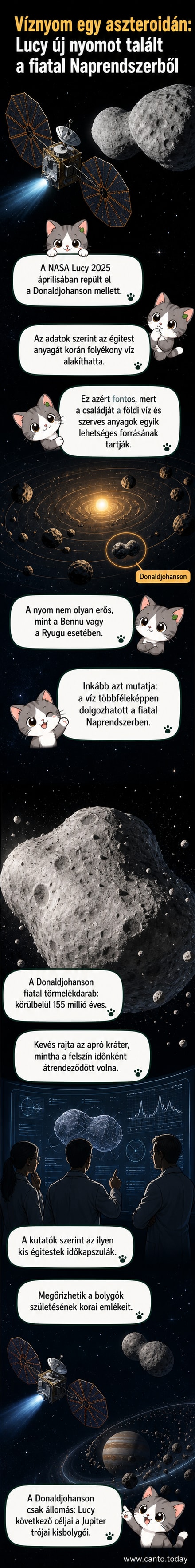A Donaldjohanson aszteroida részletgazdag képe, amelyet a NASA Lucy űrszondája készített 2025. április 20-án, körülbelül 1100 km távolságból.