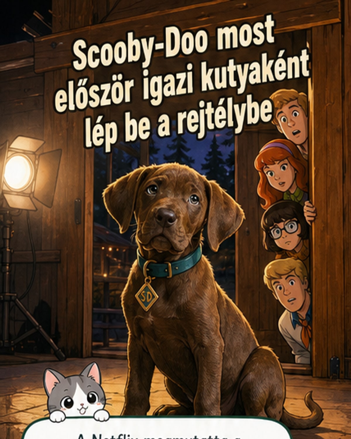 Valódi német dog kölyök áll a kamera előtt, mellette a Bozont karaktert játszó színész, körülöttük filmforgatás hangulata.