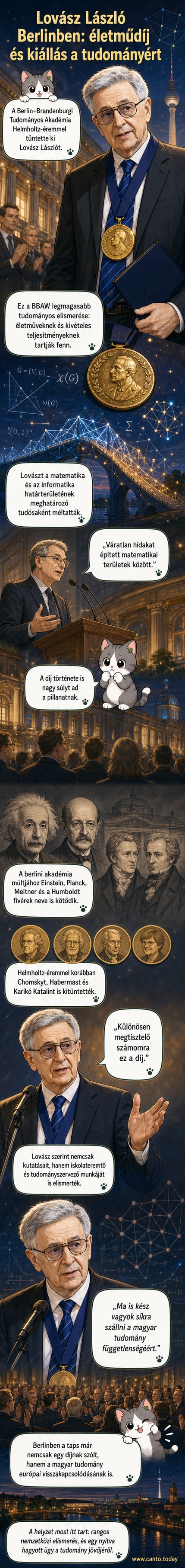 Lovász László matematikus mosolyogva tartja kezében a Helmholtz-érem aranyos, kerek díjat, mögötte akadémiai színek dominálnak.
