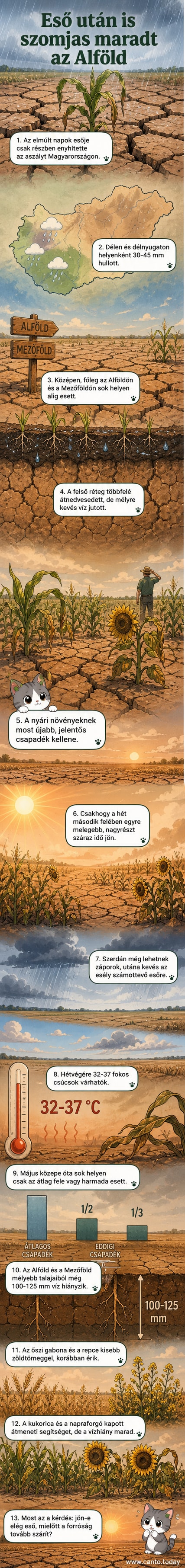 Illusztráció: száraz, repedezett talaj mezőn, a háttérben sárguló növényekkel és kék ég, amelyen felhők sem látszanak.
