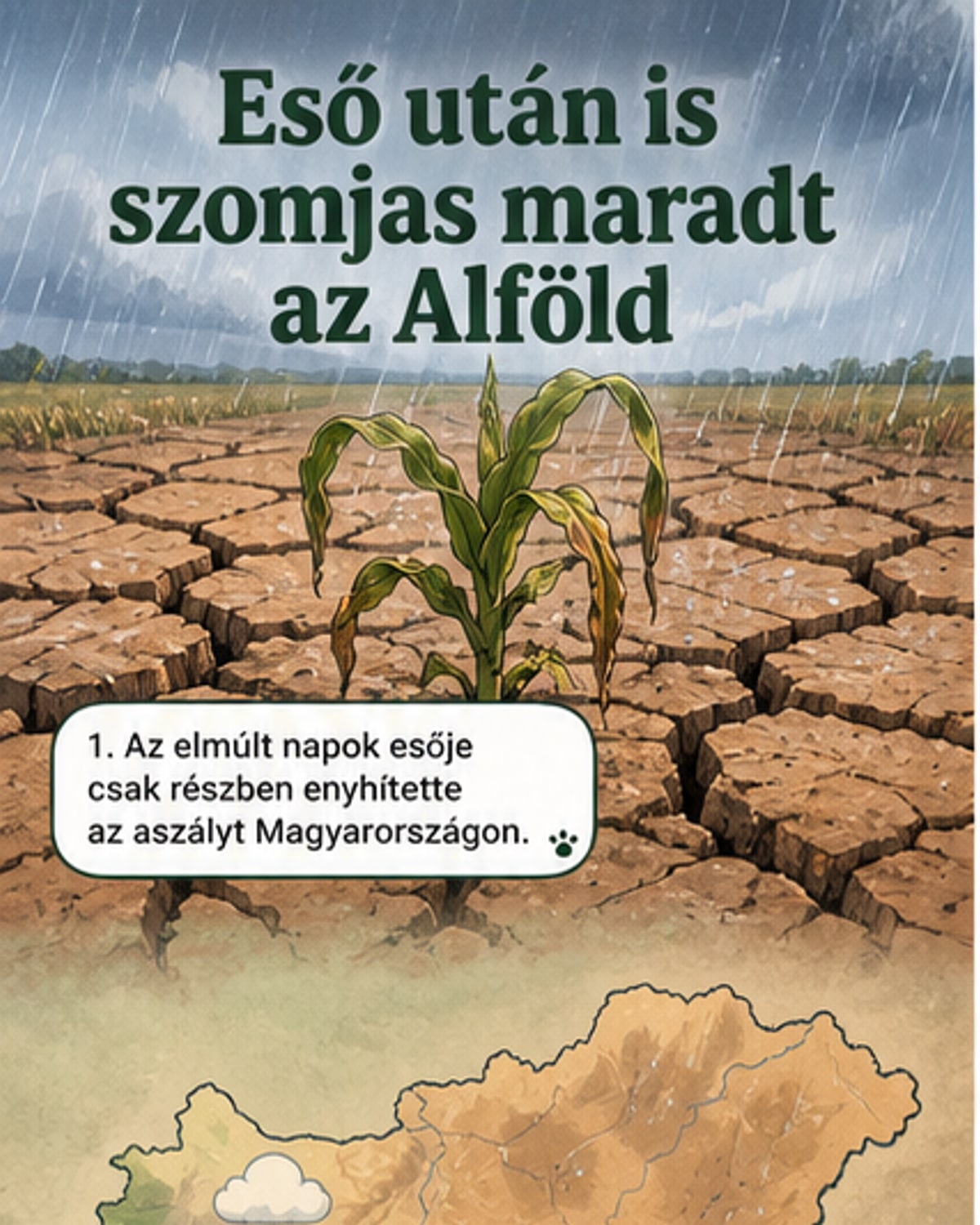 Illusztráció: száraz, repedezett talaj mezőn, a háttérben sárguló növényekkel és kék ég, amelyen felhők sem látszanak.