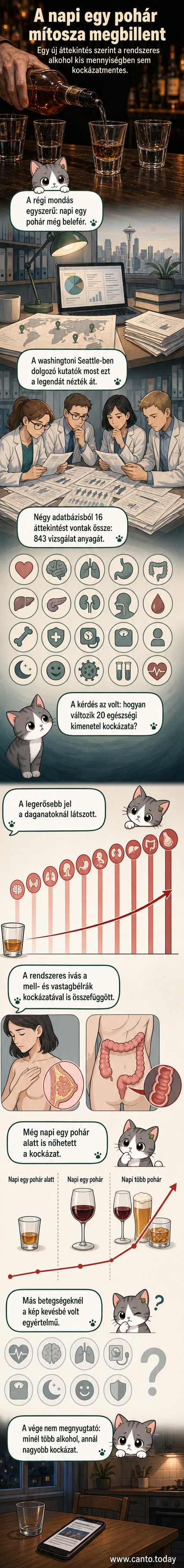 Stilizált ábra egy pohár alkohol mellett növekvő rák kockázatot mutató grafikonról, tudományos vizsgálati adatokkal