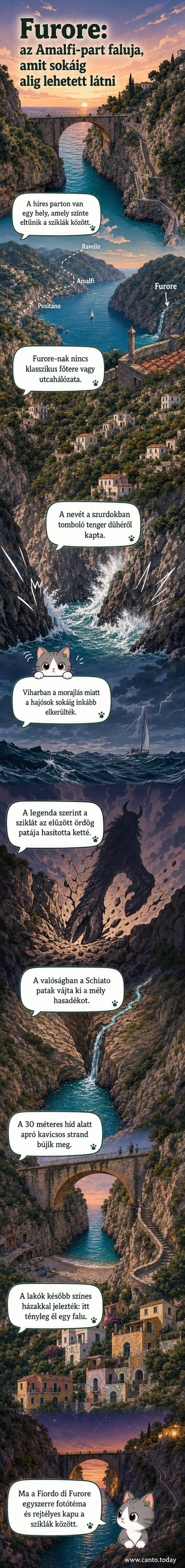 Furore falu házai a sziklafalba kapaszkodva, alattuk a Fiordo di Furore zöld vize és a híd ível át a szurdok felett.