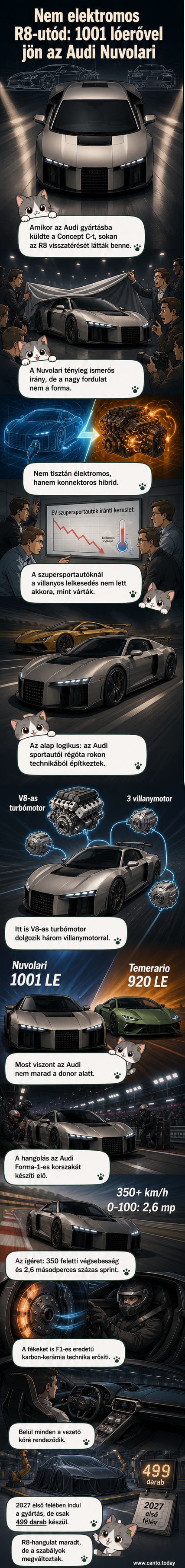 Az Audi Nuvolari szupersportautó titánszürke festéssel, alacsony profilú karbonkerékkel és agresszív formákkal, előre döntött vezetőfülkével és F1-szerű hátsó szárnyal.