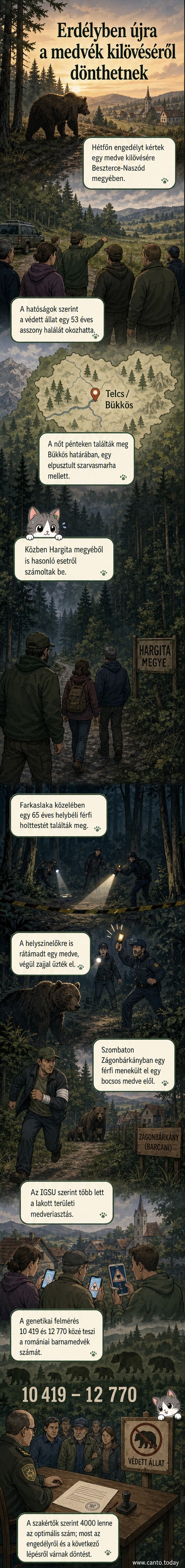 Sötét erdőszéli tisztás, ahol egy medve közeledik egy széttúrt kunyhó felé, a háttérben riadt arcú emberek körvonalai látszanak.