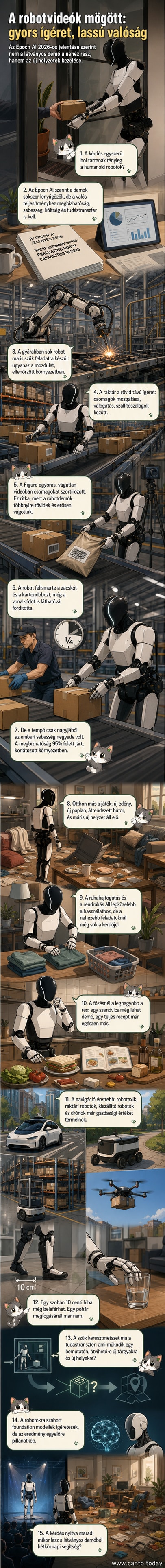 Humanoid robot egy raktárban csomagokat mozgat, mögötte szállítószalagok és polcok