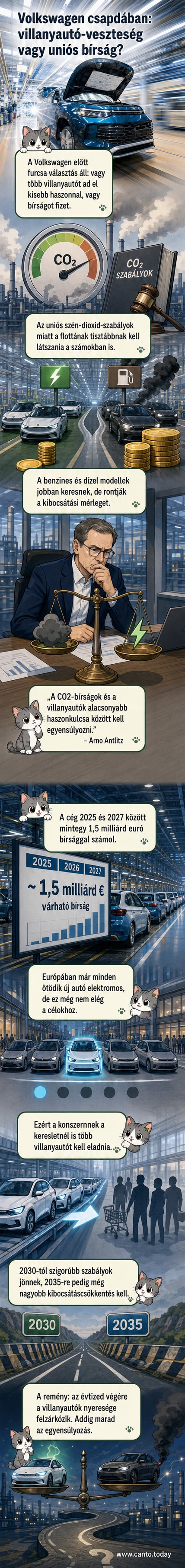 Egy elektromos Volkswagen ID. sorozatú autó áll egy töltőállomás mellett, a háttérben gyárépület, felette kérdőjel formájú felhő – szimbolizálva a cég stratégiai bizonytalanságát.