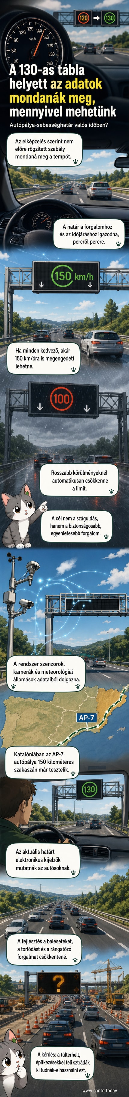Digitális kijelzők autópályán, amelyek változó sebességhatárokat jelenítenek meg, mögöttük autók és szenzorokkal felszerelt oszlopok.